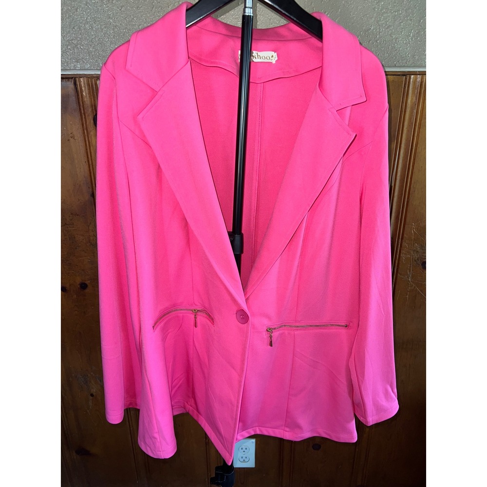 Genhoo Women Neon Pink Single Button Blazer Jacket XL Gold Zipper Detail Stretch
